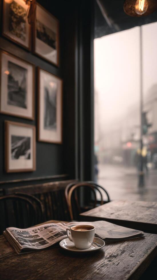 Cozy Cafe Interior With Coffee on Table During Rainy Day in Urban Setting photo