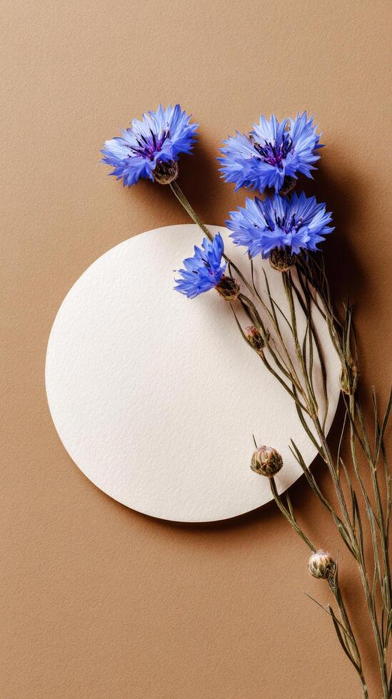 Beautiful Blue Flowers and Circular Paper on a Brown Background for Artistic Display photo