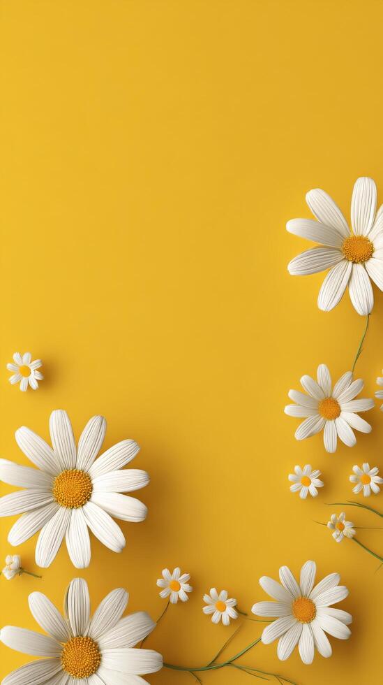 Colorful Arrangement of Daisies on Bright Yellow Background Perfect for Spring Inspiration. photo