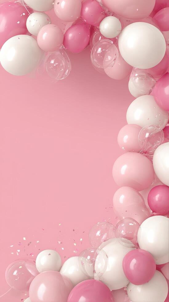 Colorful Balloon Arch Decoration for Celebration Event on Pink Background photo