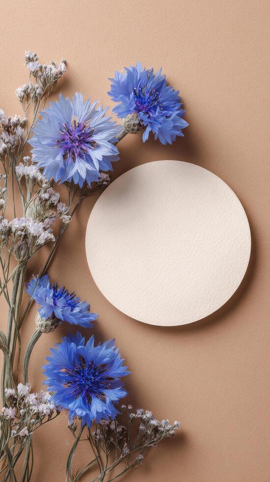 Cyan Flowers Arranged Next to a Blank Circular Card on a Smooth Surface photo