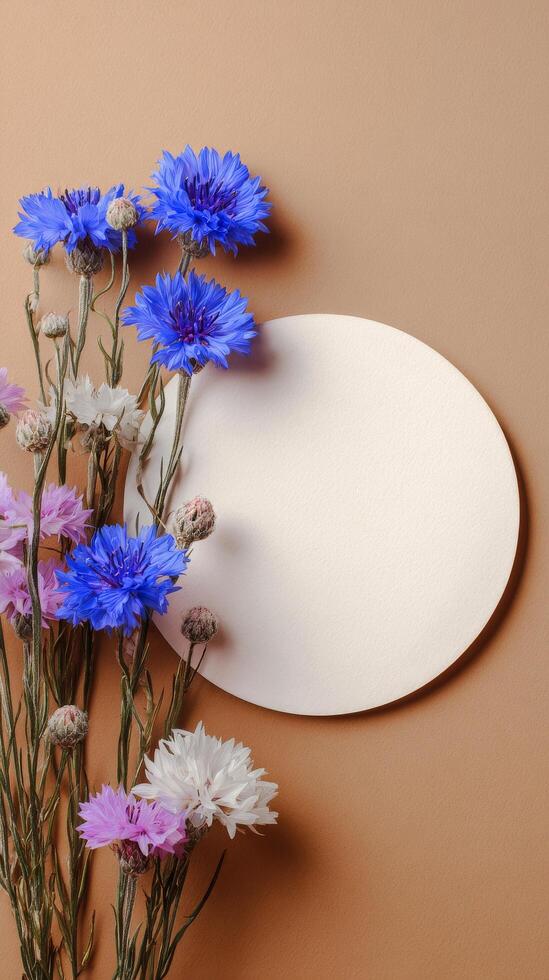 Cyan Flowers Arranged Next to a Blank Circular Card on a Smooth Surface. photo