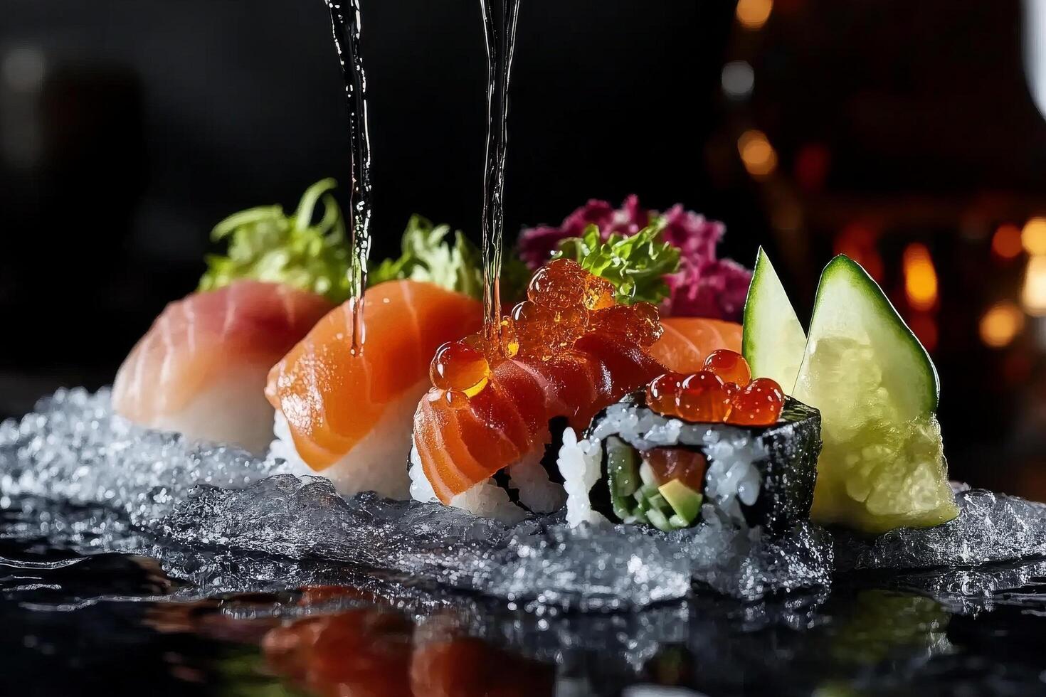Fresh Sushi Platter With Assorted Seafood and Colorful Toppings in an Elegant Presentation. photo