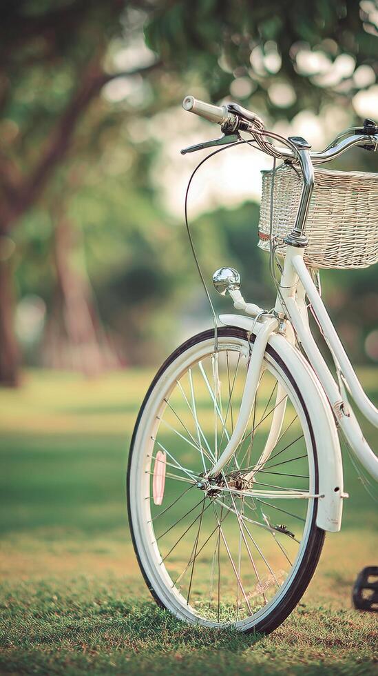 Bicycle Resting in a Sunny Park With Lush Greenery and a Vintage Wicker Basket. photo