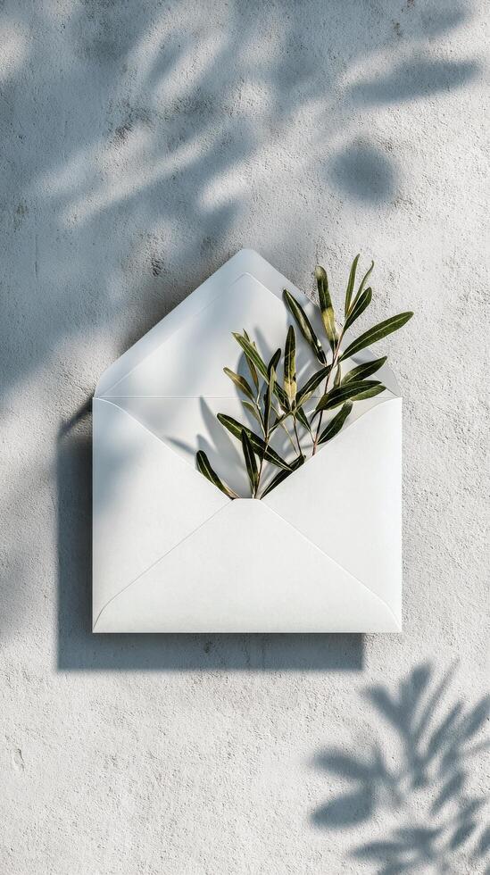 Creative Envelope With Greenery Against Textured Wall Showcasing Modern Design photo