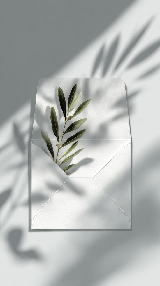 Decorative Wall Art Featuring a Minimalist Envelope With Greenery and Soft Shadows. photo