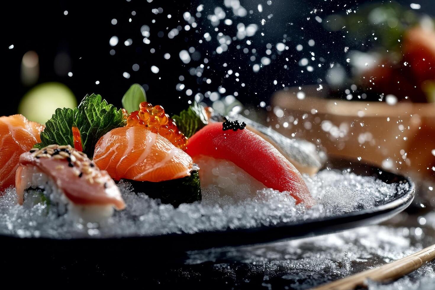Fresh Sushi Platter With Assorted Seafood and Colorful Toppings in an Elegant Presentation photo