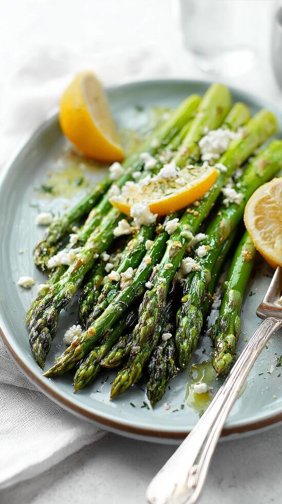 Freshly Grilled Asparagus With Lemon and Feta Cheese Served on a Plate. photo