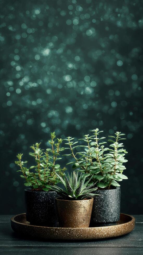 Lush Green Plants Arranged Artistically on a Dark Background With Soft Bokeh Effect photo