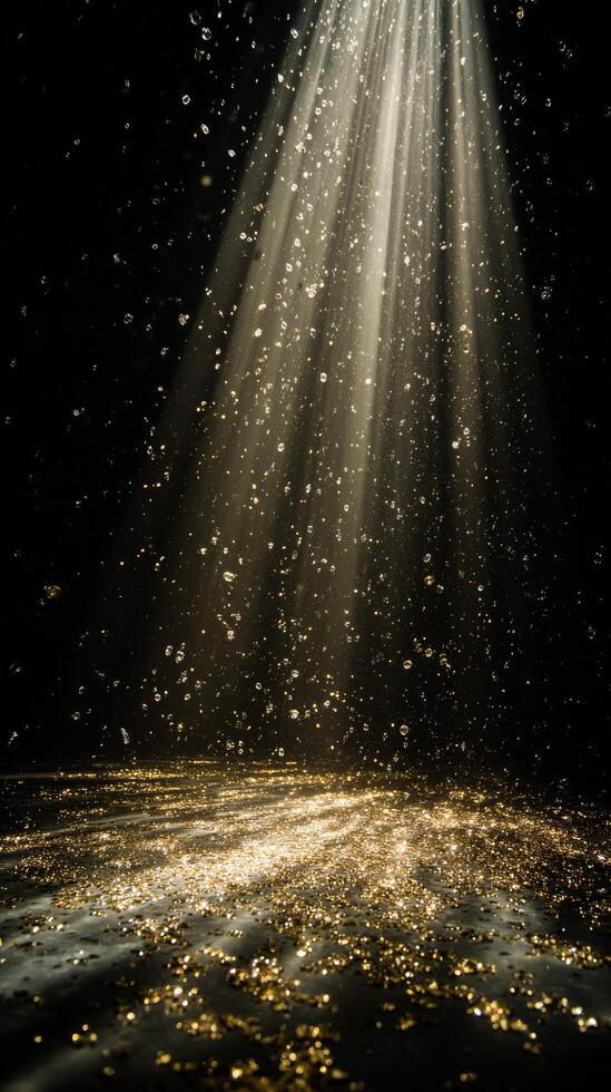 Golden Particles Dance in Light Beams Creating a Magical Atmosphere in a Dark Space photo