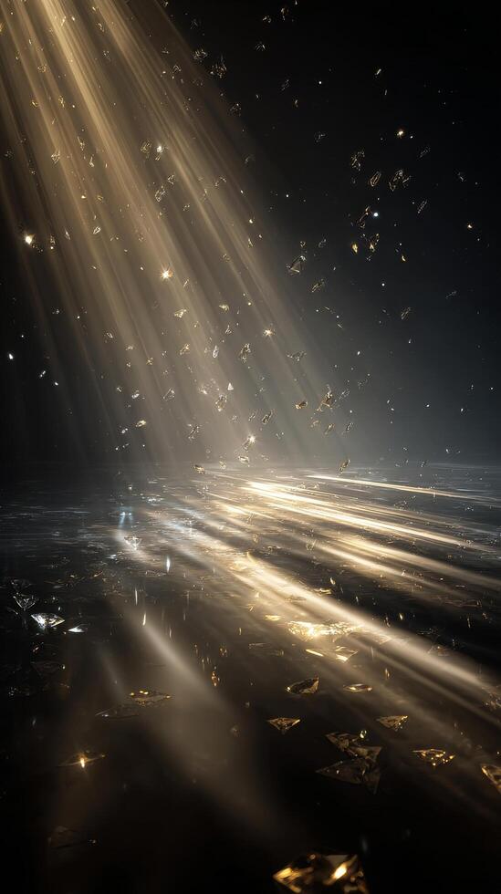 Light Beams Illuminating Floating Particles in Dark Environment. photo