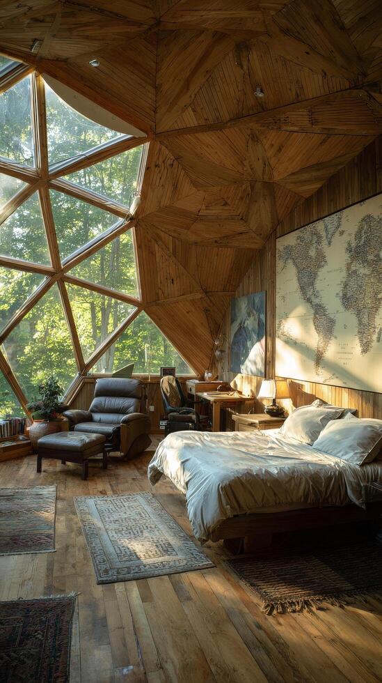 Cozy and Modern Geodesic Dome Bedroom With Forest View in a Peaceful Retreat Setting. photo