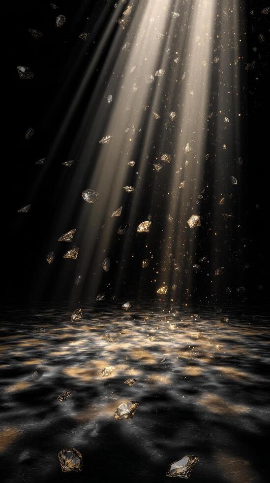 Light Beams Illuminating Floating Particles in Dark Environment photo