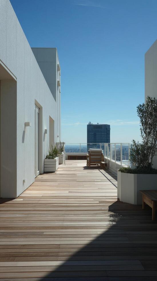 Stunning Rooftop Terrace With Panoramic City Views Under Bright Blue Sky photo