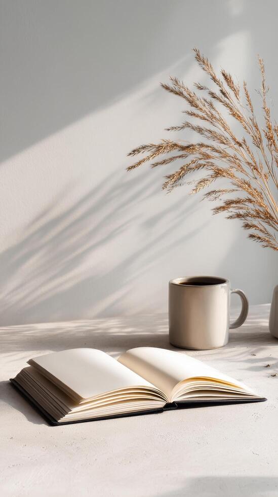 Cozy Reading Corner With a Plant and a Coffee Cup on a Simple Table. photo
