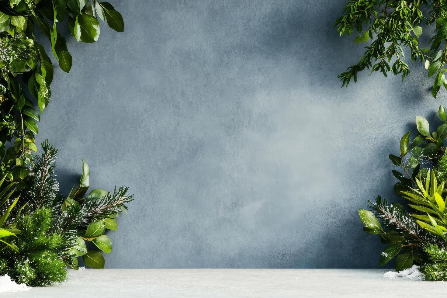 Vibrant Green Plants Frame a Textured Blue Backdrop in a Natural Setting photo