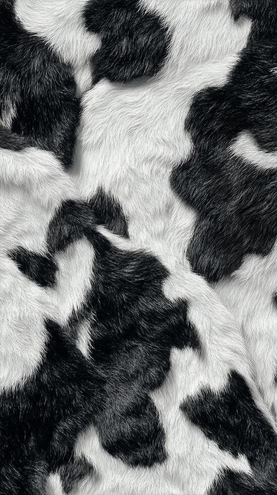 Close View of Black and White Cowhide Showing Unique Pattern and Texture in Rural Environment. photo