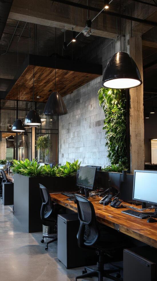 Modern Office Interior With Greenery and Natural Light in a Collaborative Workspace Environment photo