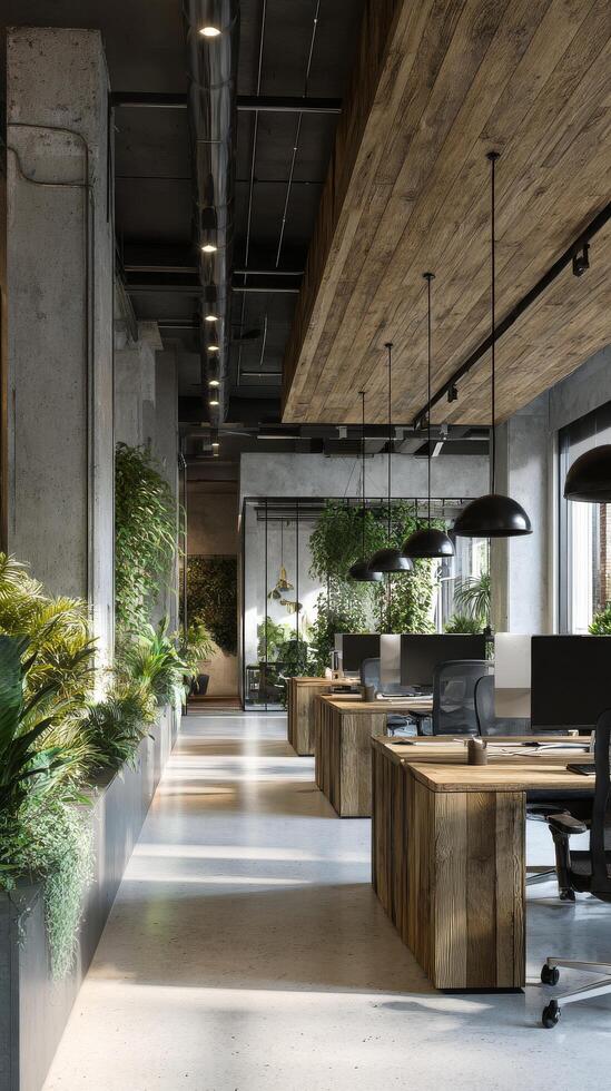 Modern Workspace Featuring Plants and Industrial Design Elements in a Bustling Urban Environment. photo