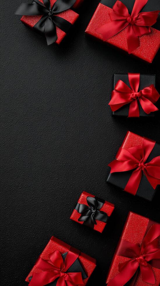 Decorative Red Gift Boxes Arranged Neatly on a Black Textured Surface for Special Occasions. photo
