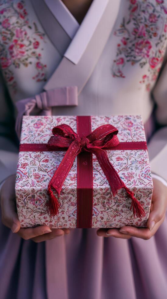 Gift Giving Ceremony With Traditional Attire in a Cultural Setting During a Lively Celebration. photo