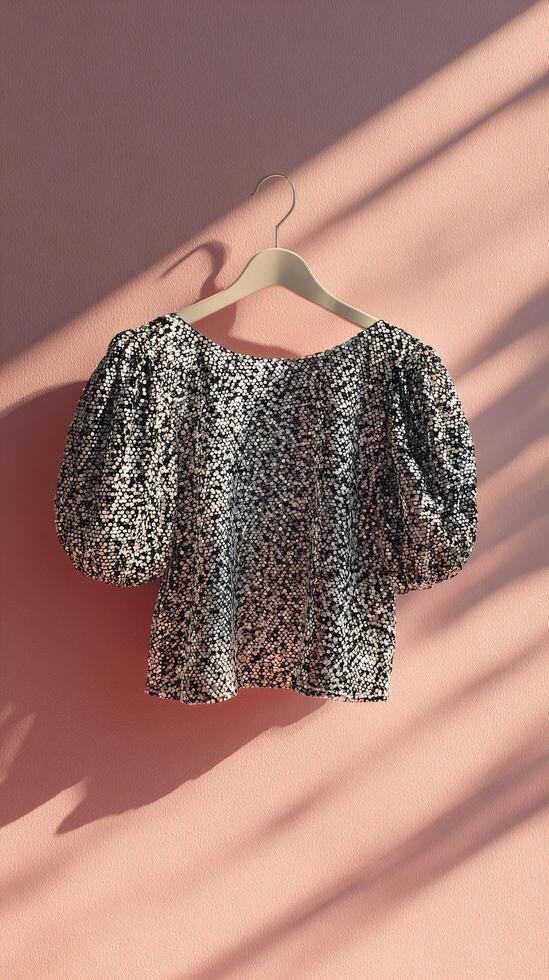 Elegant Sequin Top Displayed on Hanger Against Pastel Background in Indoor Setting. photo