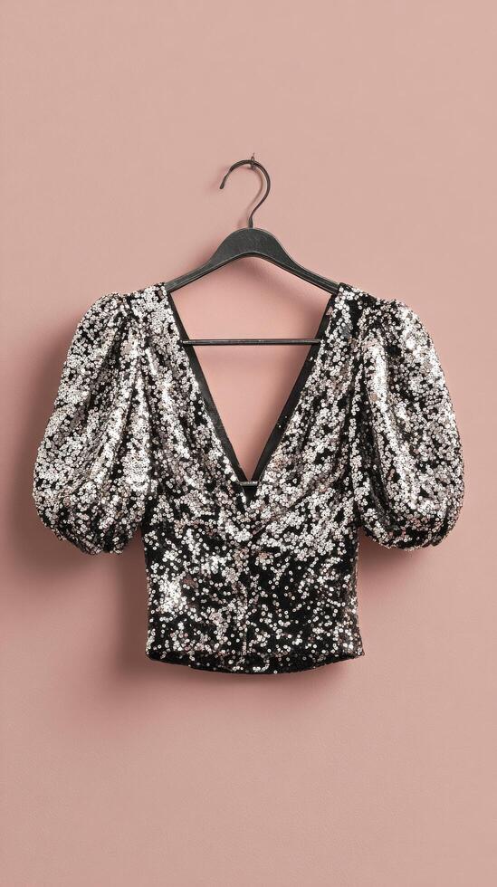 Elegant Sequin Top Displayed on Hanger Against Pastel Background in Indoor Setting photo