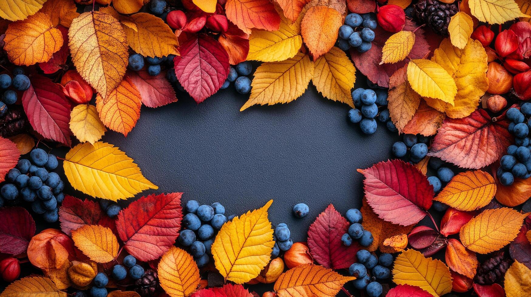 Autumn Harvest Arrangement With Various Fruits, Leaves, and Decor on a Textured Blue Background. photo