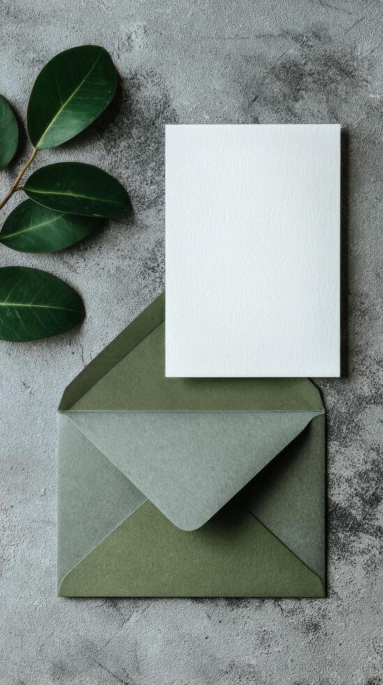 Elegant Green Envelope and Blank Card With Leaves on a Textured Surface photo