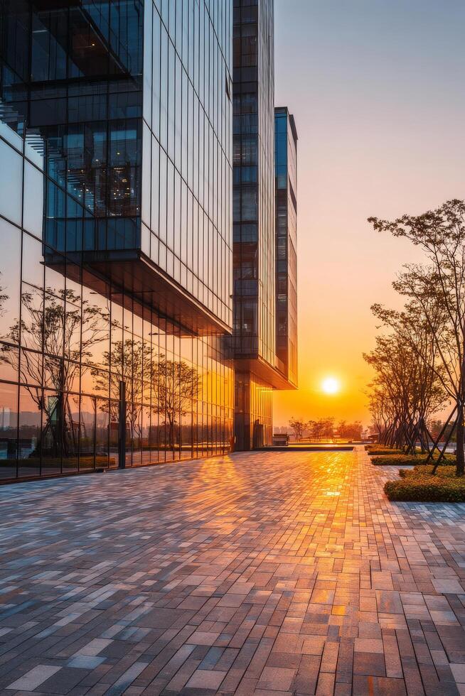 Modern Glass Building Illuminated by Sunset in an Urban Environment. photo