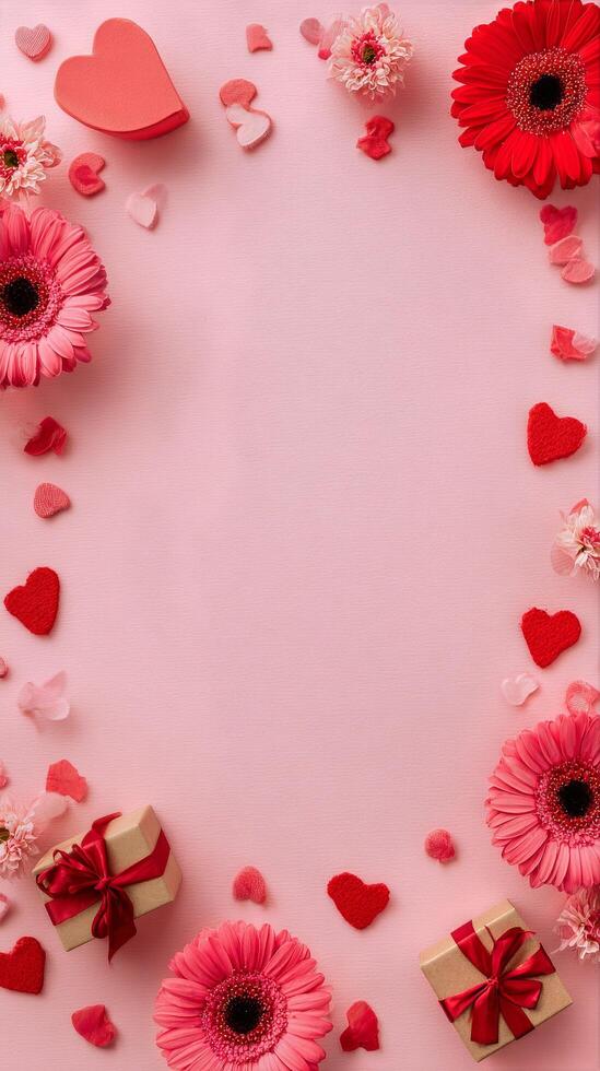 Romantic Arrangement of Flowers and Gifts on Soft Pink Background for Special Occasions. photo