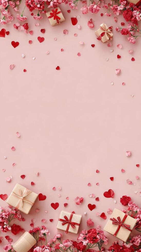 Romantic Gift Arrangement With Hearts and Flowers on a Pink Background for Special Occasions. photo
