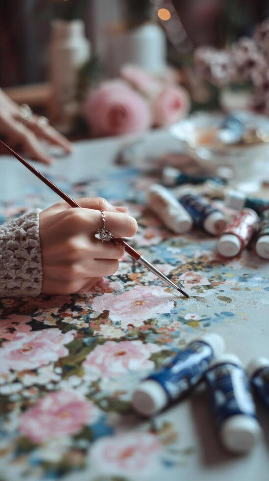 Creative Painting Session on Floral Fabric With Vibrant Colors and Intricate Designs. photo