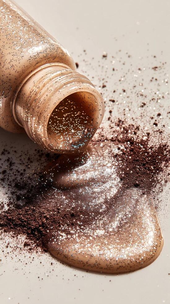 Sparkling Cosmetic Liquid Spills From Bottle Creating a Shimmering Effect on Surface photo
