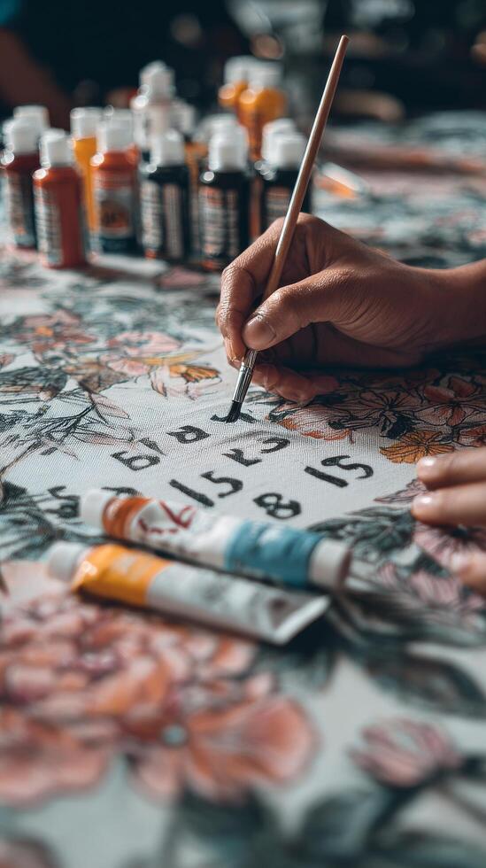 Creative Painting Session on Floral Fabric With Vibrant Colors and Intricate Designs photo