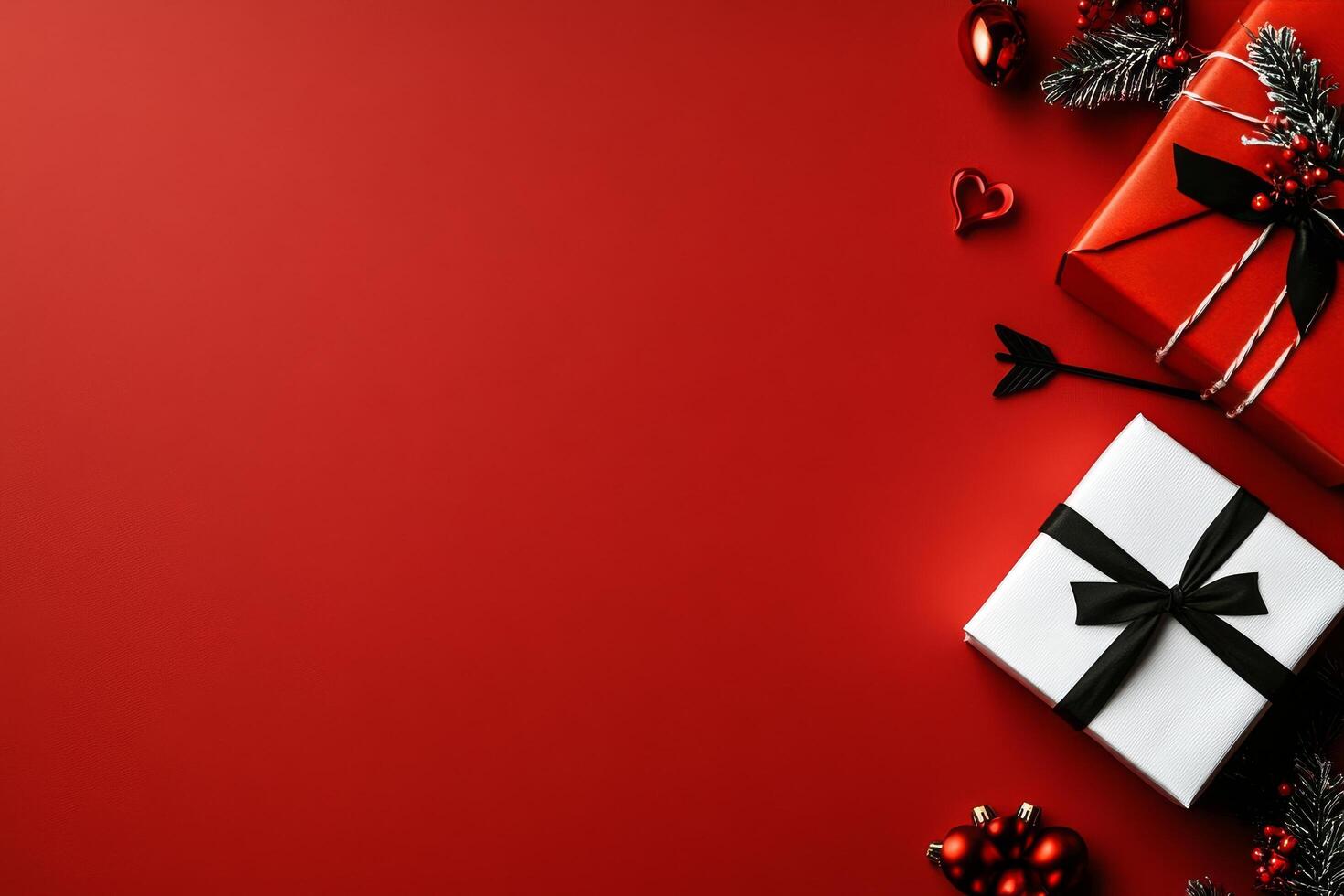 Festive Gift Arrangement With Red Background and Decorative Elements for a Celebration. photo