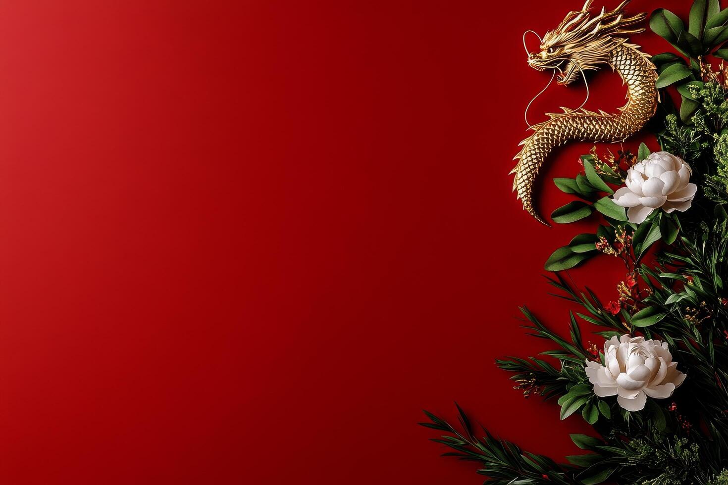 Vibrant Dragon Decoration on Red Backdrop for a Cultural Celebration or Festival. photo