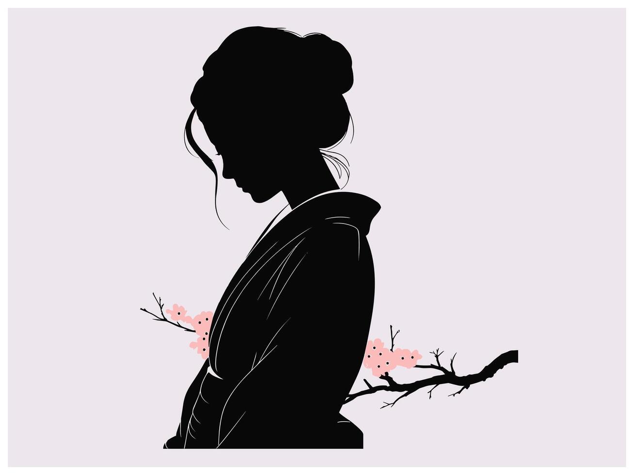 Serene Japanese Silhouette of Woman with Traditional Bun and Cherry Blossom Branch in Soft Pastel Background vector