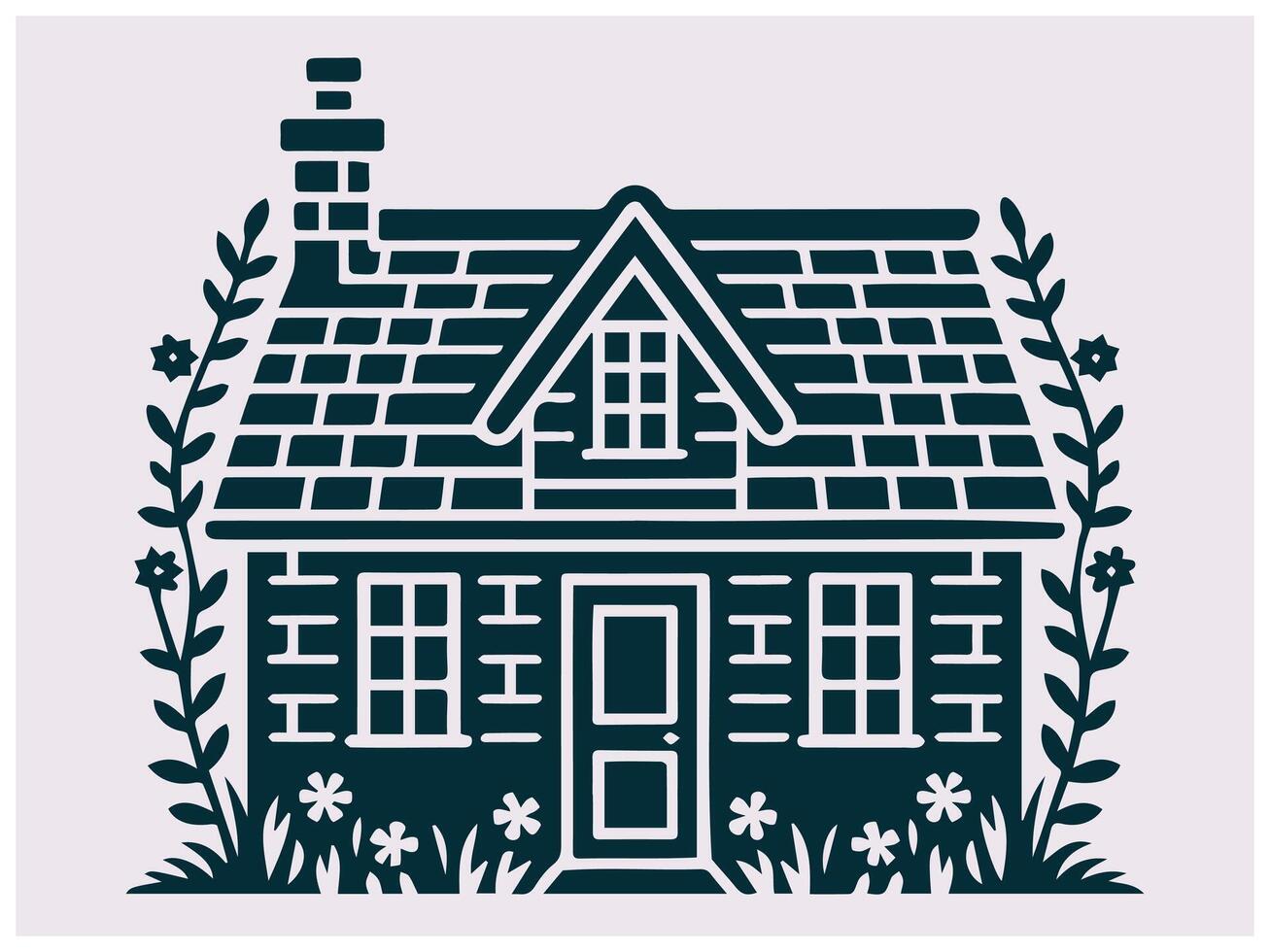 Cozy Cottage Silhouette Surrounded by Wildflowers in a Countryside Style vector