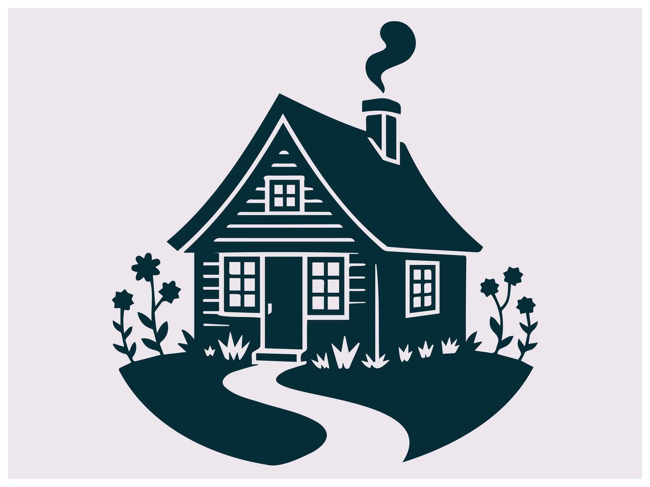 Botanical Flower Frame with Cottage House Silhouette Illustration vector