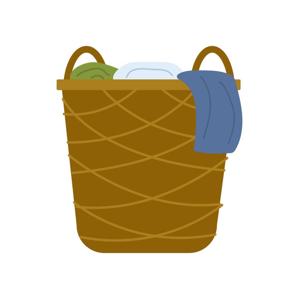 Laundry basket filled with clean clothes resting in a cozy laundry room vector
