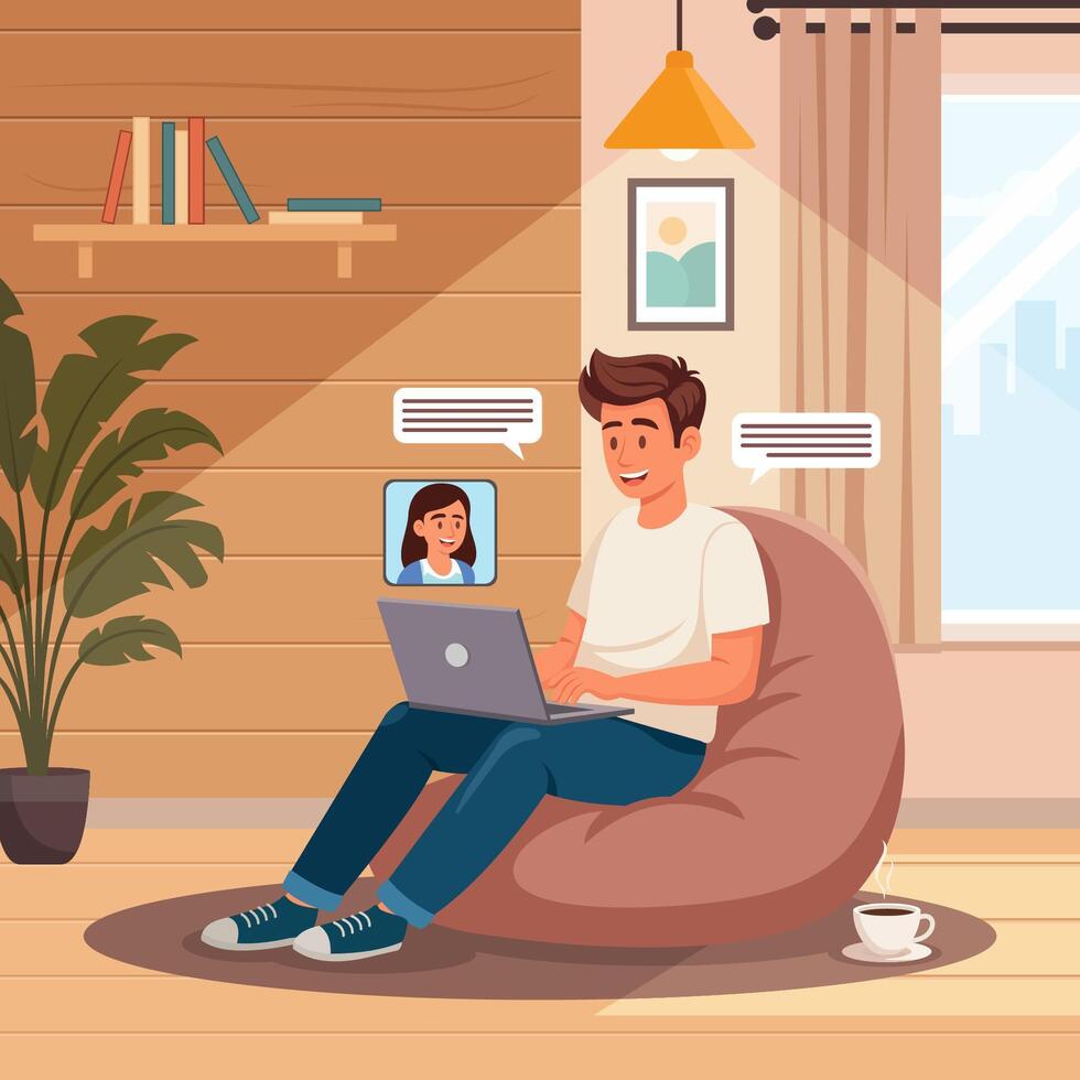 Young man using laptop in bean bag vector