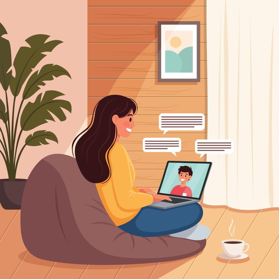 Person using laptop at home vector