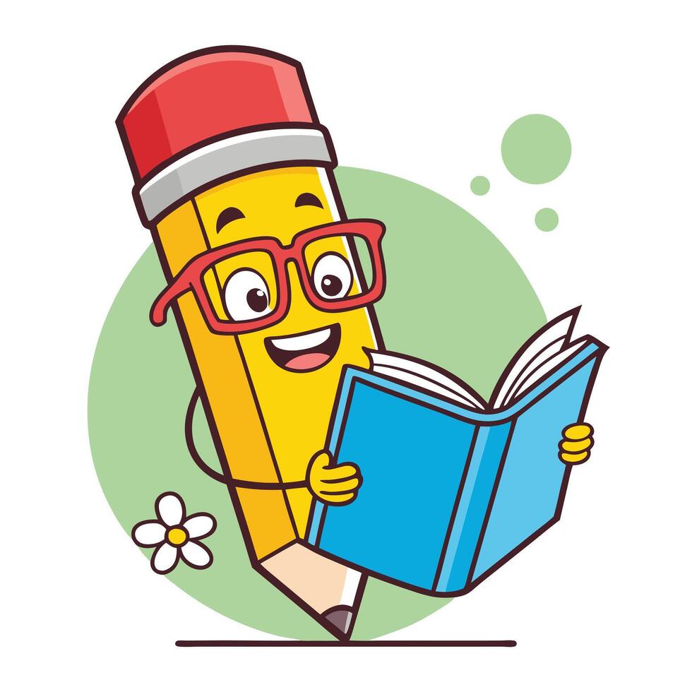 Pencil character reading book illustration vector