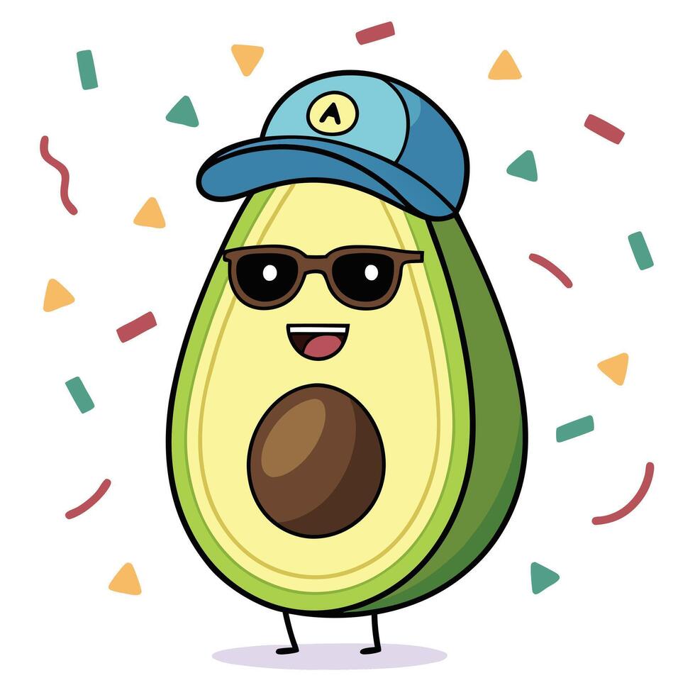 An avocado wearing sunglasses and a cap with confetti vector