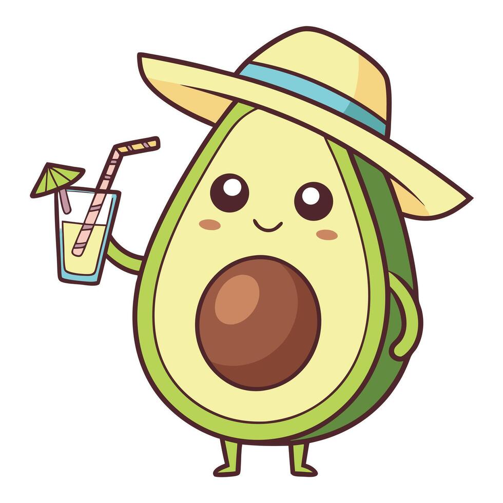 An avocado wearing a hat and holding a drink vector