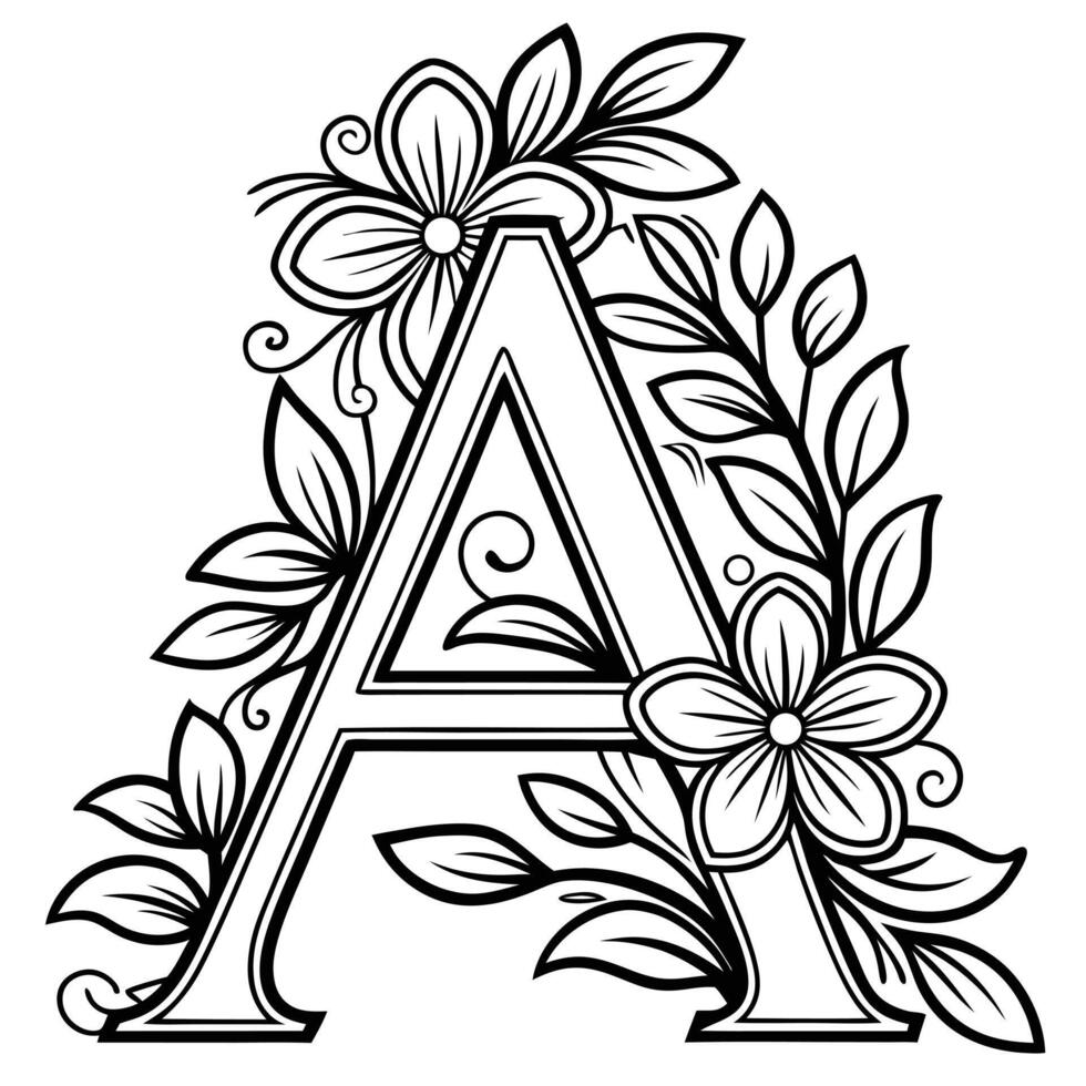 Floral letter A in outline style shows elegant organic decoration with transparent background vector