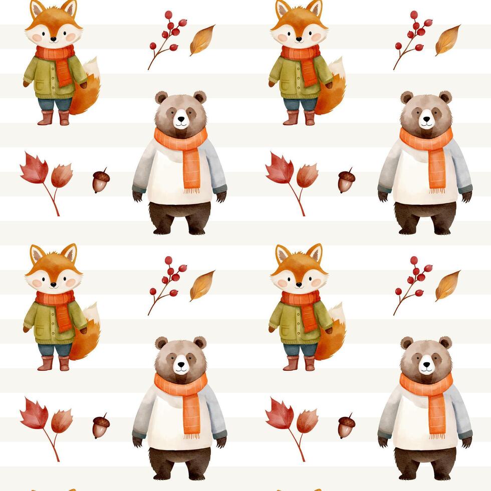Fox and bear character pattern illustration vector
