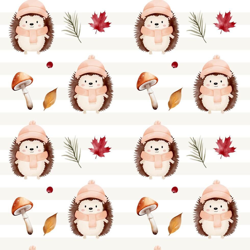Watercolor pattern with hedgehog, leaves, mushroom for autumnal design. Fall seamless pattern. Autumn woodland vector