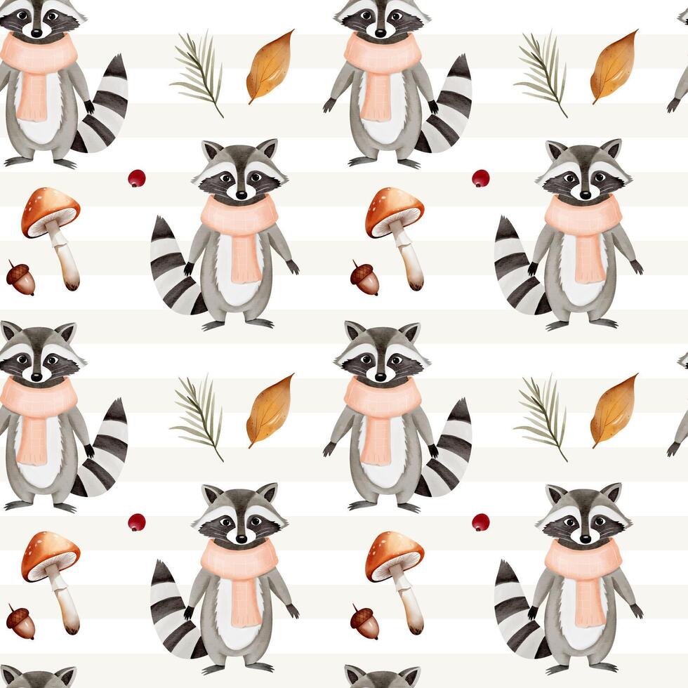 Watercolor pattern with raccoon, leaves, mushroom for autumnal design. Fall seamless pattern. Autumn woodland vector